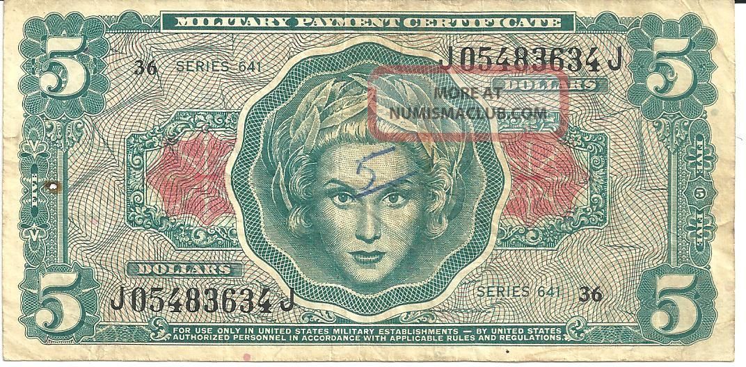 Usa 1965 Military Payment Certificate $5 Dollars Serie 641
