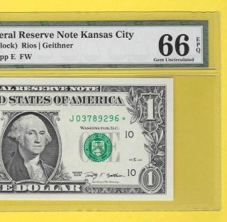 Rare 2009 $1 Dollar Kansas Star Note Pmg Graded 66 Gem Unc Epq Very Short Print photo