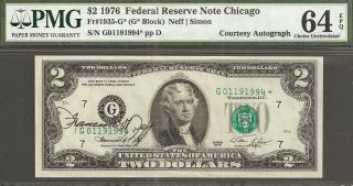 1976 $2 Dollar Star Chicago Francine Neff Autograph Pmg Unc 64 Epq photo