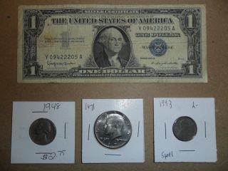 1957b Silver Certificate,  1943 Lincoln 1c,  1971 Kennedy 50c,  1948 Jefferson 5c L 2 photo