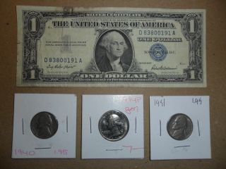 1957 Silver Certificate,  1940,  51 Jefferson Nickels,  1974 Washington Quarter L 5 photo