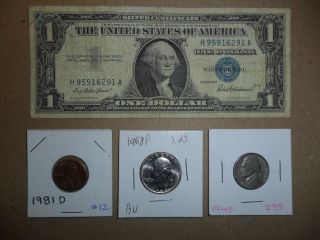 1957 Silver Certificate,  1948 Jefferson 5c,  1968 Washington 25c,  1981d Lincoln L 6 photo