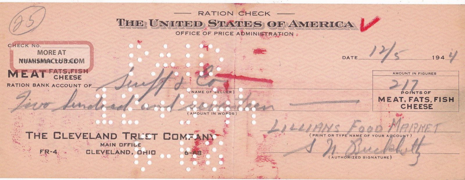 Ww Ii U. S. Government Ration Check 1944 Office Of Price Administration