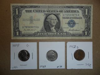 1957 Silver Certificate,  1964,  1927jefferson & Buffalo Nickels,  1942s Lincoln L 7 photo