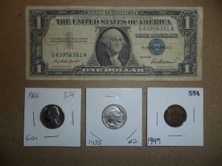 1957 Silver Certificate,  1966,  1935 Jefferson & Buffalo Nickel,  1947 Lincoln L 8 photo
