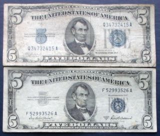 One 1934c $5 & One 1953a $5 Blue Seal Silver Certificate (f52993526a) photo