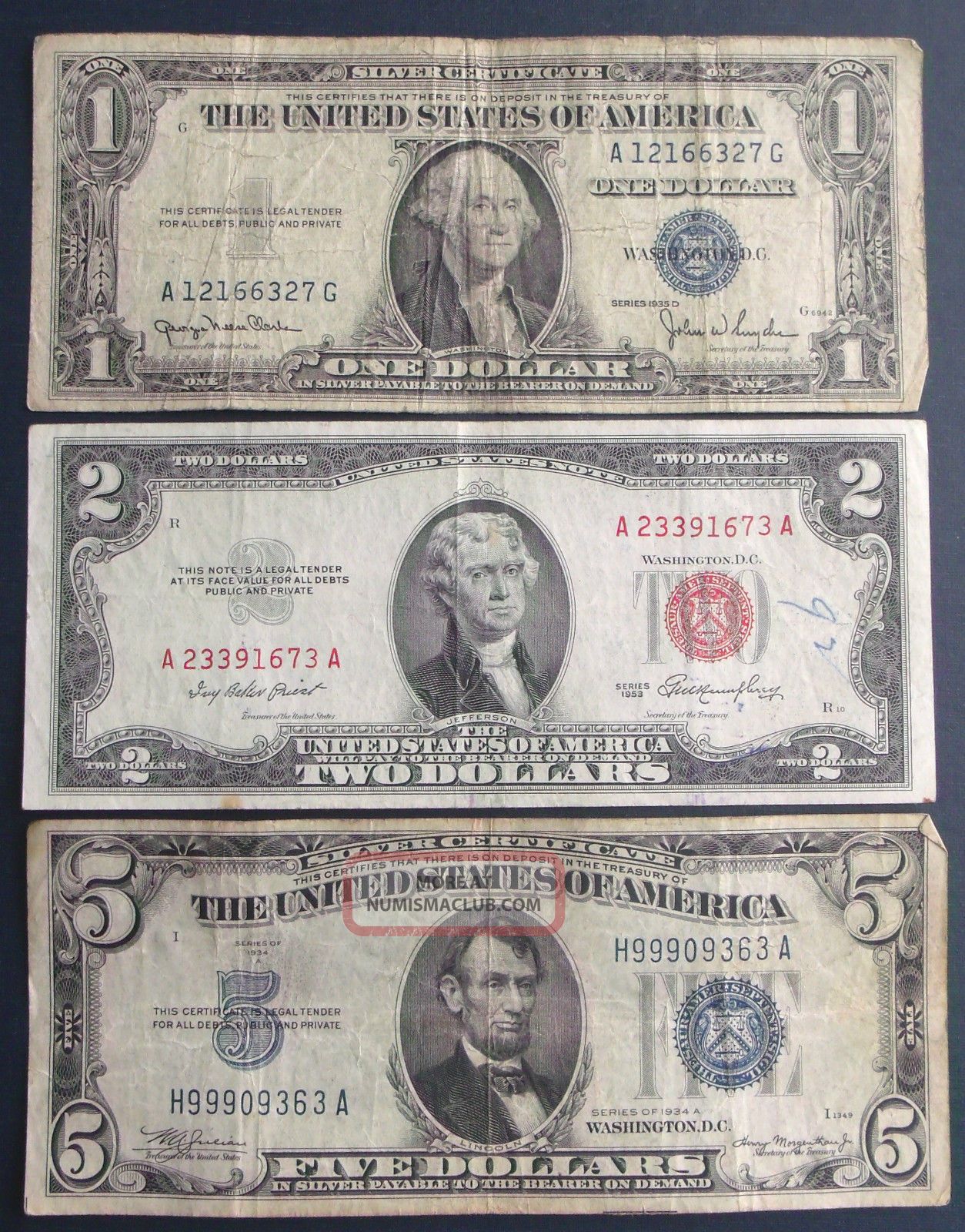 1935d $1 1934a $5 Silver Certificate   1953 $2 United States Note