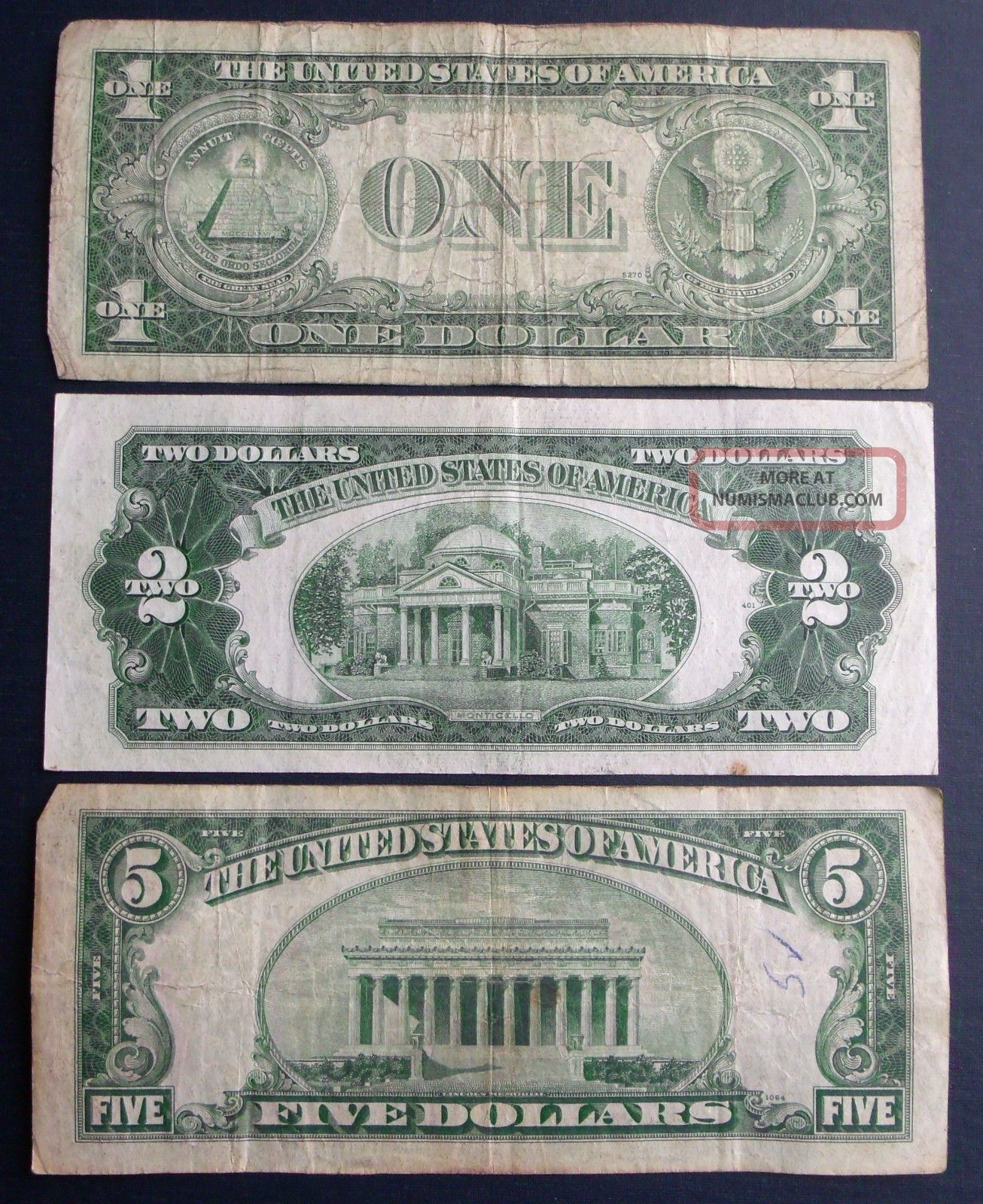 1935d $1 1934a $5 Silver Certificate   1953 $2 United States Note