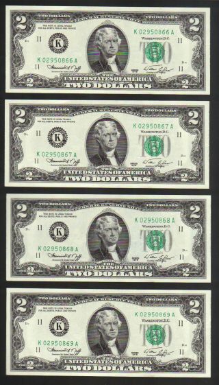 1976 $2 Green Gorgeous Crisp Uncirculated 4 Consecutive Dallas Tx Two Dollars photo