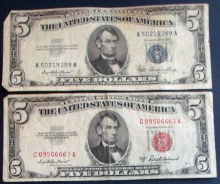 One 1953 $5 Silver Certificate & One 1953a $5 United States Note (c09506663a) photo