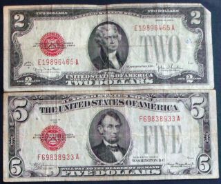 One Red Seal 1928g $2 & One Red Seal 1928c $5 United States Note (f69838933a) photo