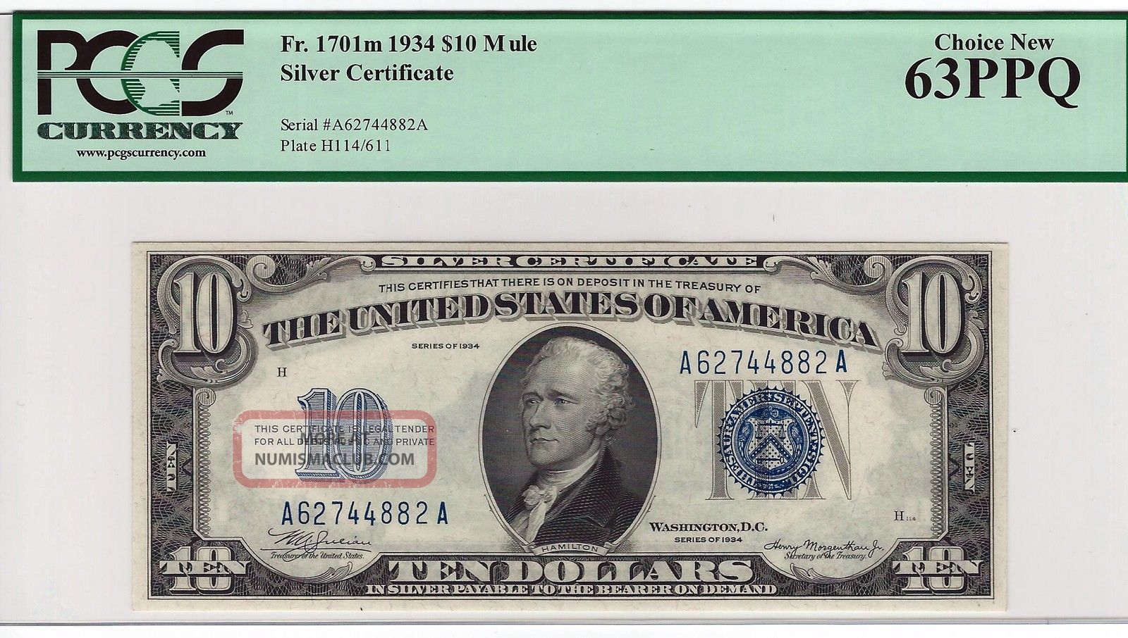 1934 $10 Silver Certificate Mule Fr 1701m Pcgs 63 Ppq