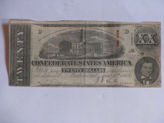 Confederate States Of America - Twenty Dollar Bill - 2nd.  Series - 1863 photo