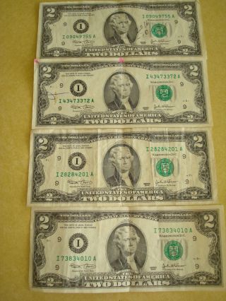 4 - 2 Dollar Bills Very Crisp 2003 A Federal Reserve Note photo