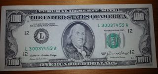 1985 $100 One Hundred Dollar Bill Federal Reserve Note L30037459a - Uncirculated photo