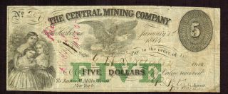 $5 1864 The Central Mining Company Eagle Harbor Mi More Currency X+ photo