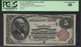 $5 1882=bb=merchants Ntl Bank Of Philadelphia (pa) =pcgs 40 photo