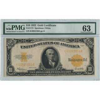 1922 Us $10 Gold Certificate - Pmg 63 Choice Uncirculated Ch Cu photo