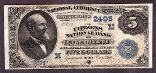 Us 1908 $5 2nd Charter Date Back National Bank Of Cincinnati Fr 537 Vf (- 259) photo