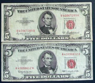 One 1953a $5 & One 1963 $5 Red Seal United States Note (a43898612a) photo