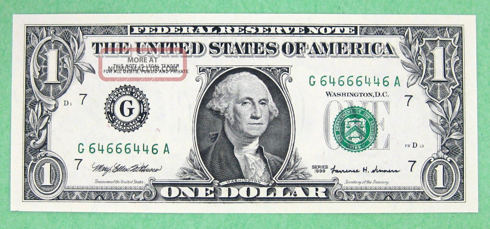 64666446 Fancy Binary Serial Number $1 1999 Gem Cu More Currency 4 Ap Small Size Notes photo