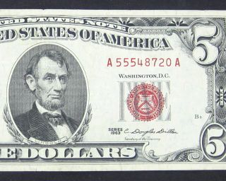 1963 $5 Red Seal Banknote Vf More Currency 4 Old Paper Money Wr photo