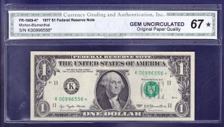 1977 $1 Federal Reserve Note Frn K - Star Cu Unc Cga Gem 67 photo