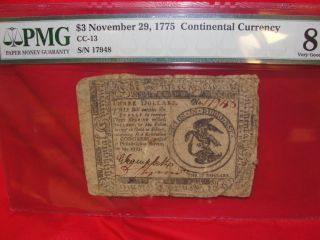 Continental Currency $3 Nov.  29,  1775 Cc - 13 Pmg - 8 Certifiied Very Good photo