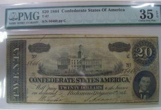 1864 Confederate $20 Note,  Pmg Choice Very Fine 35 56460 photo