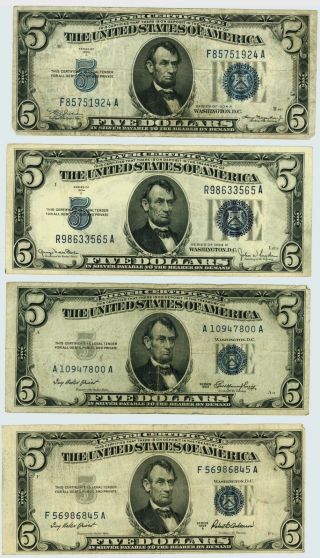 Four Different Five Dollar Blue Silver Certificates 1934 - A 1934 - D 1953 1953 - A F8 photo