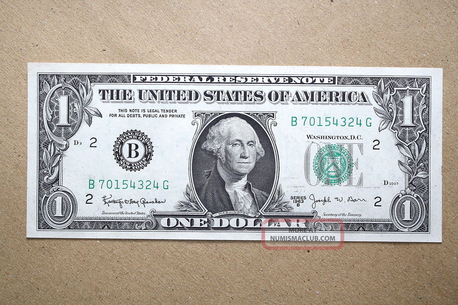 U.  S.  $1 Federal Reserve Note,  Ser.  1963 B,  Frb Of York,  Granahan - Barr Sig. Small Size Notes photo