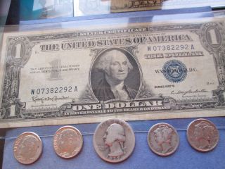1957b One Dollar Silver Certificate Crisp Blue Dot; 5 Coins; Circulated; Scc65 photo