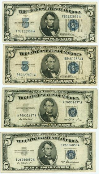 Four Different Five Dollar Blue Silver Certificates 1934 - A 1934 - D 1953 1953 - A F9 photo