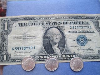 1935e One Dollar Silver Certificate; 3 - 1963d Roosevelt Dimes; Circulated; Scc46 photo