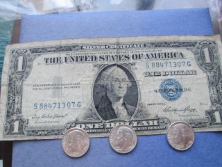 1935e One Dollar Silver Certificate; 3 - 1963 Roosevelt Dimes; Circulated; Scc48 photo