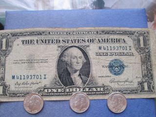 1935e One Dollar Silver Certificate; 3 - 1963d Roosevelt Dimes; Circulated; Scc45 photo