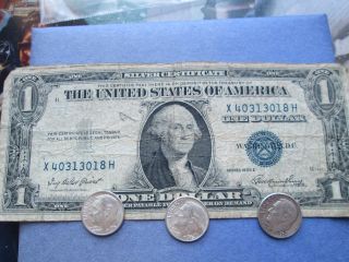 1935e One Dollar Silver Certificate; 3 - 1963 Roosevelt Dimes; Circulated; Scc47 photo