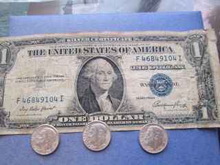 1935e One Dollar Silver Certificate; 3 - 1963d Roosevelt Dimes; Circulated; Scc44 photo