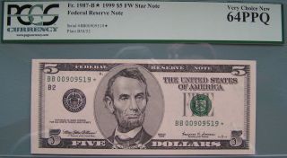 1999 $5 Federal Reserve Fort Worth Star Note Pcgs 64 Ppq Very Choice photo