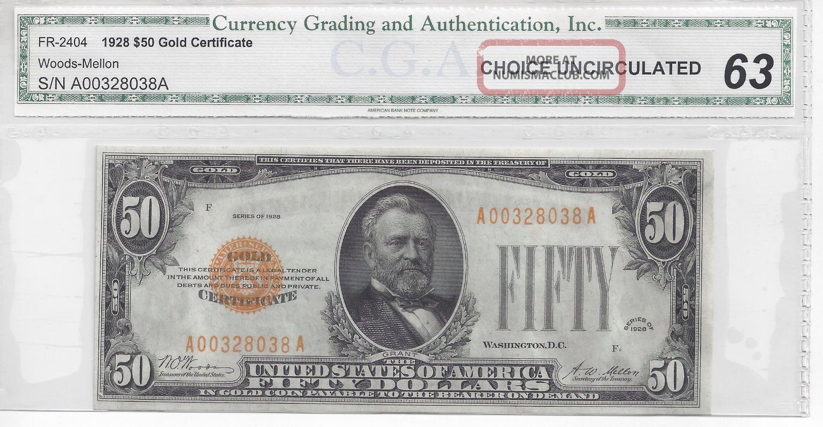 1928 Fr - 2404 $50 Gold Certificate Ch - Unc 63 Small Size Notes photo