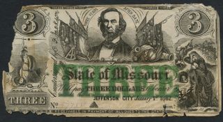 1862 $3 The State Of Missouri Note,  57755 A Survivor Of The Civil War photo