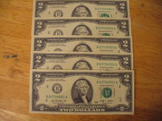 5 Crisp Sequential $2.  00 Bills - $10.  00 Face Value - Real - See Photos photo