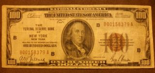 1929 $100 Dollarbill,  York Brown Seal,  Old Paper Money,  Us Currency,  Low Serial photo