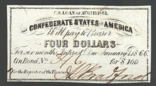 $4 1861 Csa Interest Certificate $100 Bond Bradford Small Old South Paper Money photo