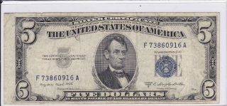 Vf 1953b Blue Seal $5.  00 Silver Cert Old Cash Rare Us Money Vintage Currency photo
