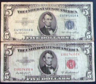 One 1953 $5 Silver Certificate & One 1953a $5 United States Note (c00174350a) photo