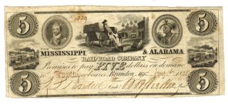 $5 1838 Mississippi & Alabama Rail - Road Company More Currency Kfi photo
