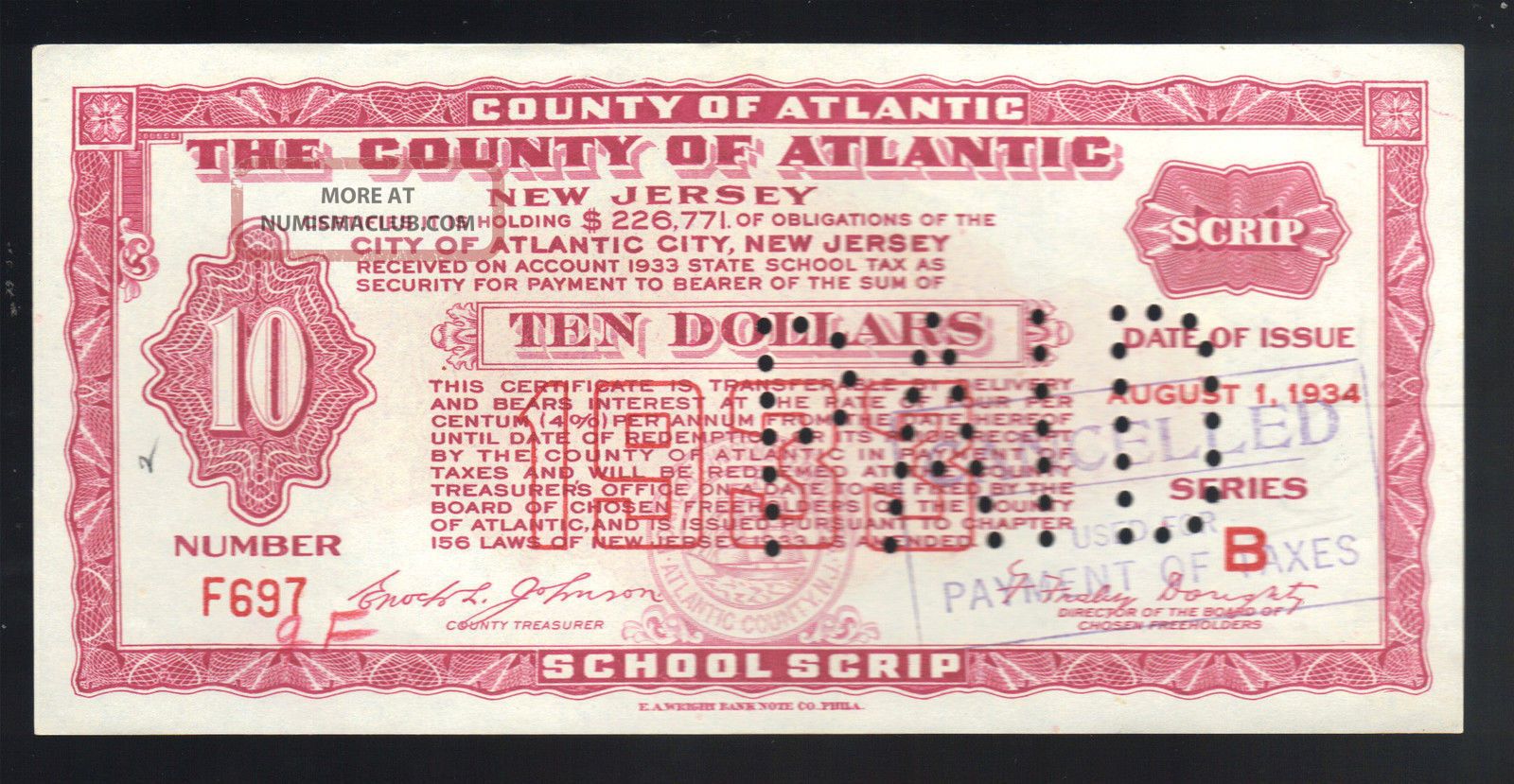 $10 Atlantic City Jersey Large 1933 Depression Scrip Treasurer Nucky Johnson Small Size Notes photo