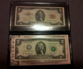 1953 $2 Red Seal Note And 2009 $2 Green Seal Note With photo