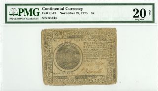 Fr.  Cc - 17 1775 $7 Continental Currency Pmg Vf20 Net photo